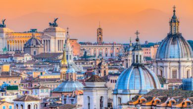 Wonderful view of Rome skyline at sunset, Italy